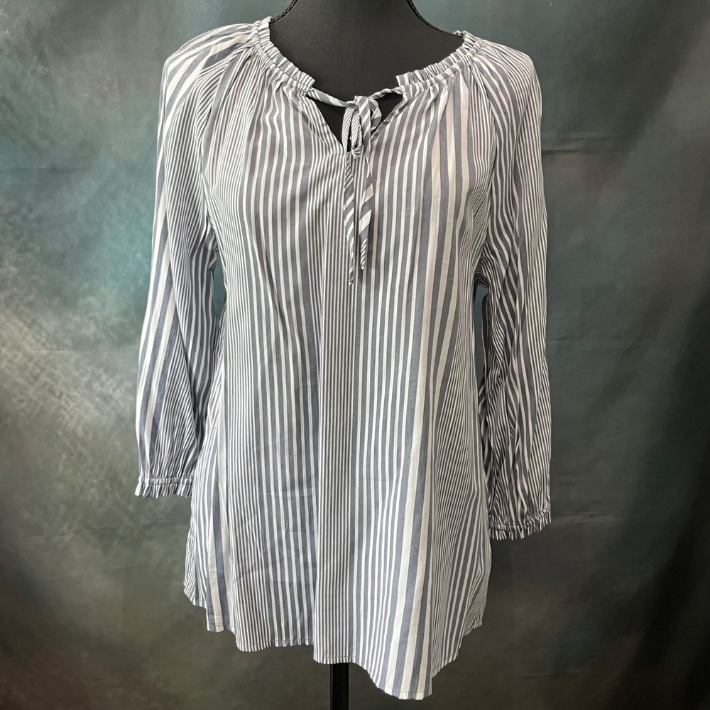 Como Blu Womens Blue White Striped Tie Neck Tunic Blouse P/S A2U214BLU